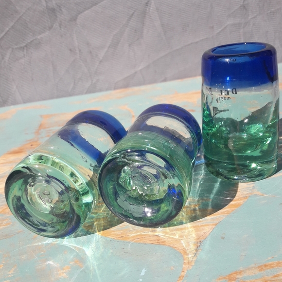 3 Art Glass Hand Blown Shot Glasses Handmade Colored Bubble Glass Blue Green - Picture 4 of 10